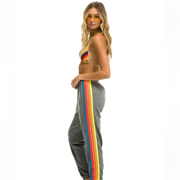 Aviator Nation Pants - aviator nation 5 STRIPE SWEATPANTS - HEATHER GREY // NEON RAINBOW Size L